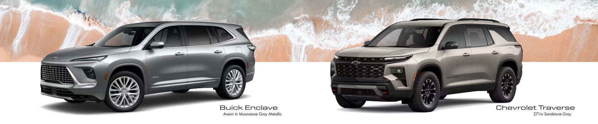 Front three-quarter studio view of a Moonstone Gray Buick Enclave and a Sandstone Gray Chevrolet Traverse.