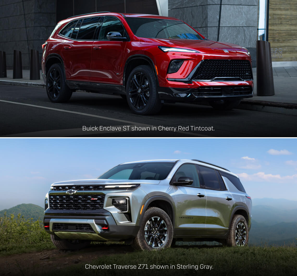 Comparative exterior collage showing a front three-quarter view of a Cherry Red Buick Enclave ST and a Sterling Gray Chevrolet Traverse Z71.