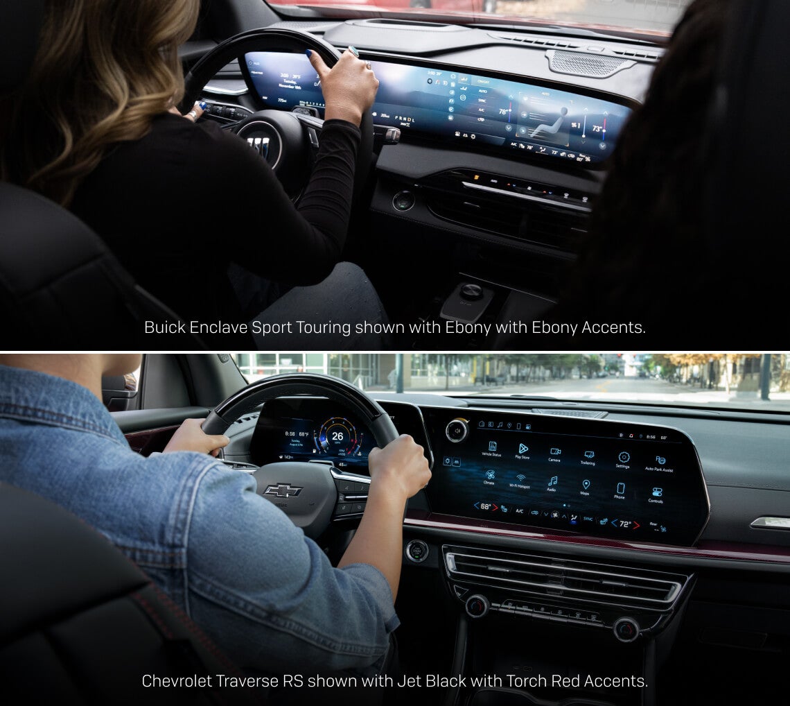 Comparative interior collage showcasing the digital cockpit dashboards of a Buick Enclave ST with Ebony interior and a Chevrolet Traverse RS with Jet Black interior.