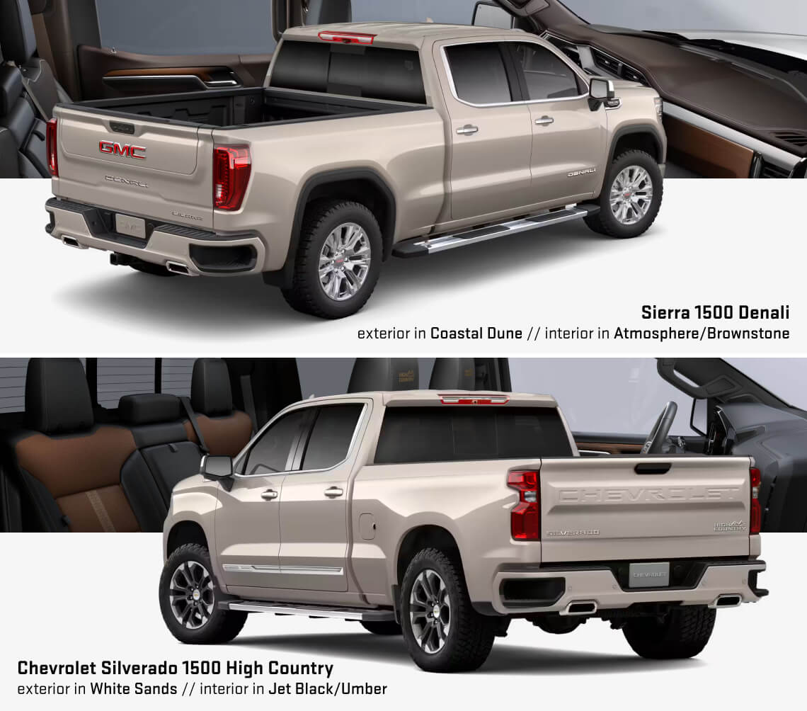 2026 Sierra 1500 Denali exterior in Coastal Dune and the Chevrolet Silverado 1500 High Country exterior in White Sands