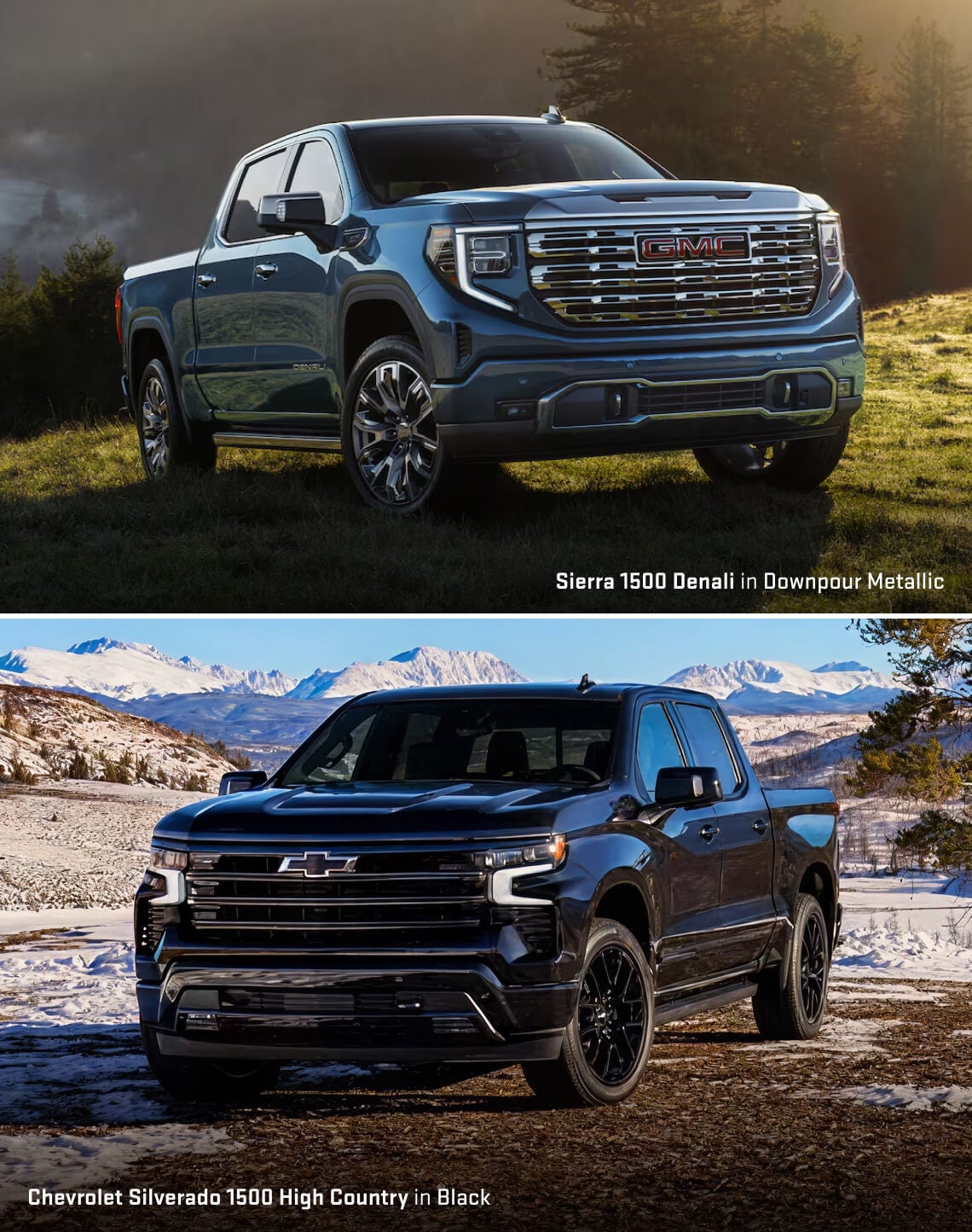 2026 Sierra 1500 Denali in Downpour Metallic and the Chevrolet Silverado 1500 High Country in Black