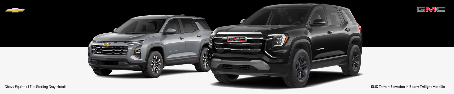 A 2026 Chevrolet Equinox in Sterling Gray Metallic and a 2026 GMC Terrain in Ebony Twilight isolated against a black and white background.