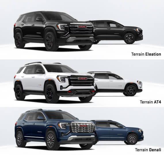 Side by side chart showing three-quarter and side views of 2026 GMC Terrain trims including Elevation, AT4 and Denali.
