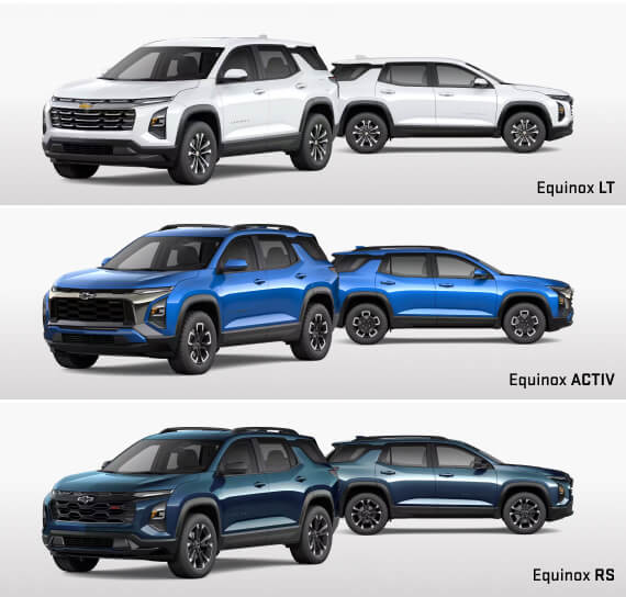 Side by side chart showing three-quarter and side views of 2026 Chevy Equinox trims including Elevation, AT4 and Denali.