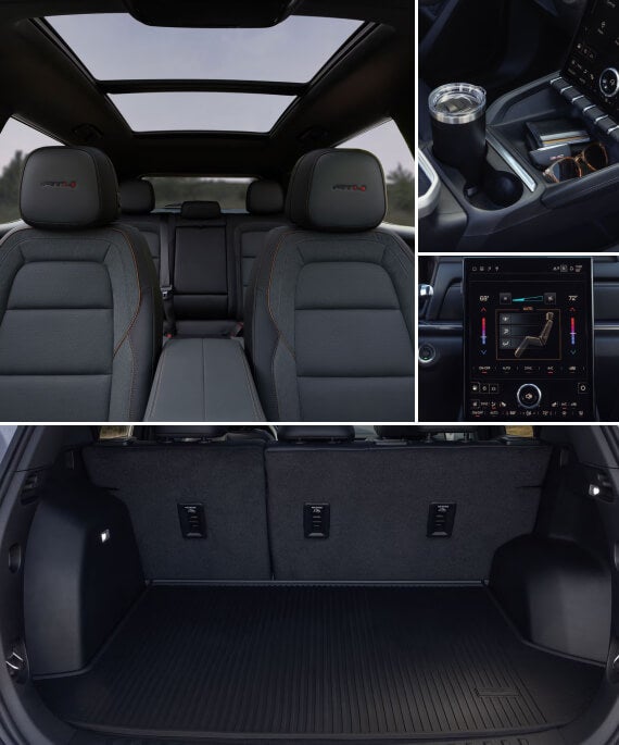 Collage of images showing GMC Terrain interior including perspectives of interior space and detail shots of the center console.