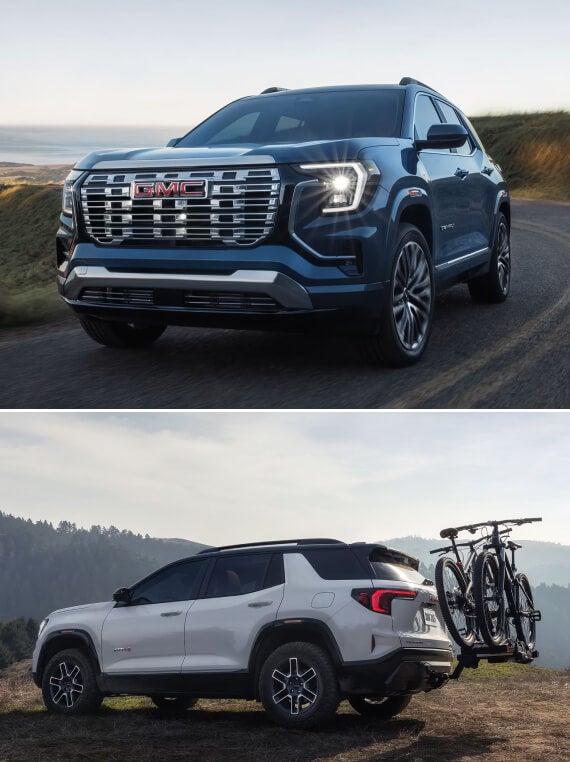 Exterior action shots showing a blue GMC Terrain driving down a country road and a white Terrain parked with a loaded bike rack.