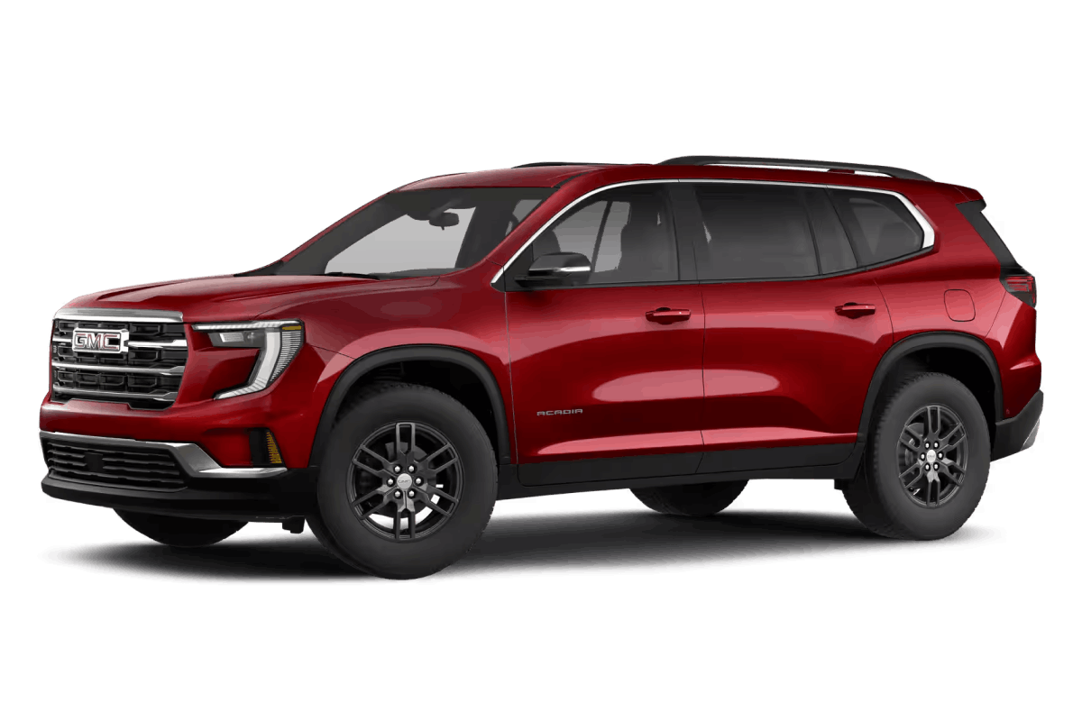 Red GMC Acadia SUV shown from a front three-quarter view.