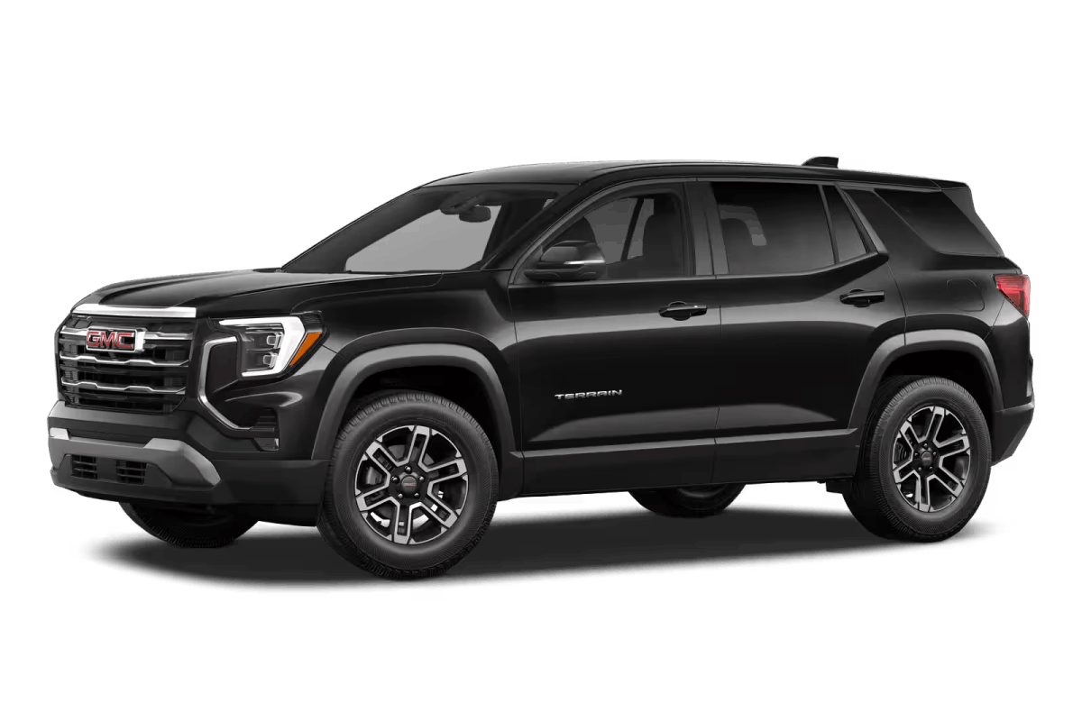 Black GMC Terrain SUV shown from a front three-quarter view.