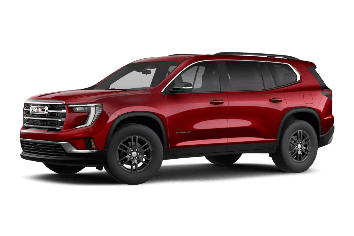 Red GMC Acadia SUV, front three-quarter view.