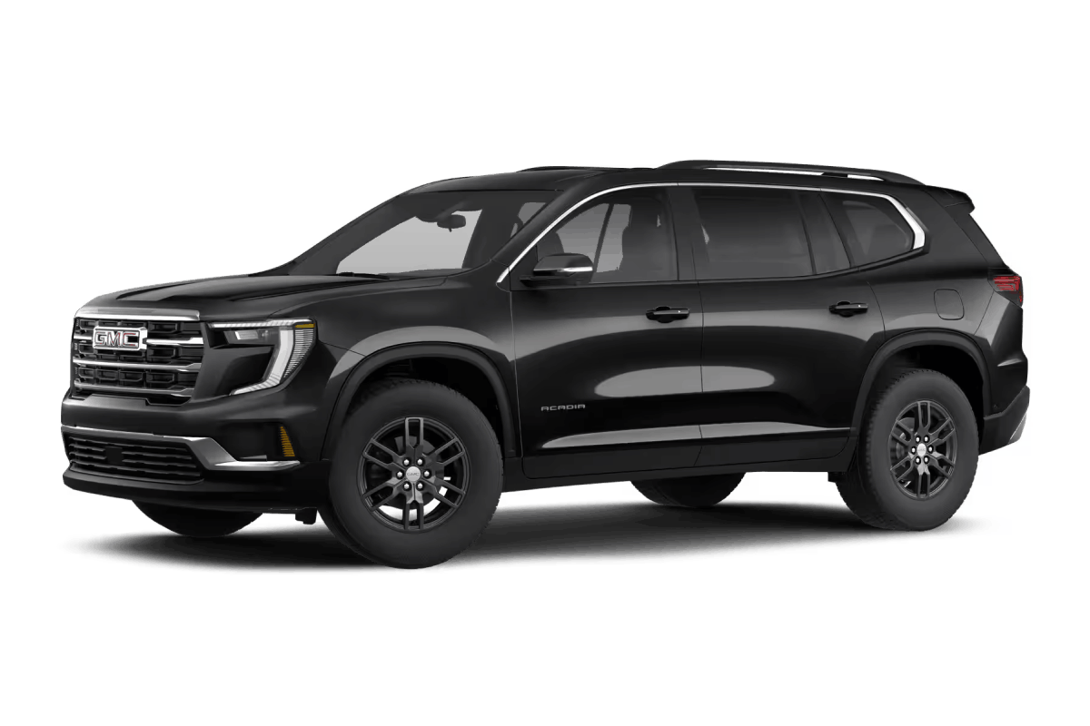 Black GMC Acadia SUV, front three-quarter view.