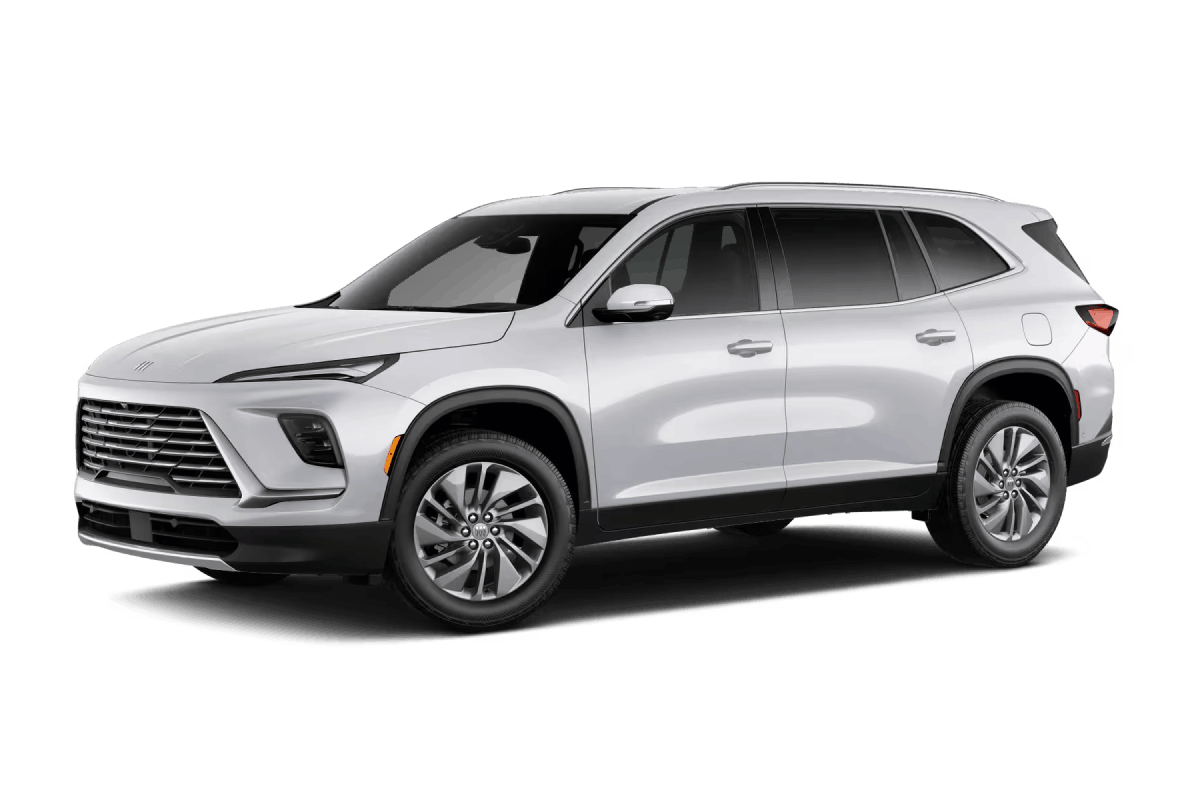 White Buick Enclave SUV, front three-quarter view.