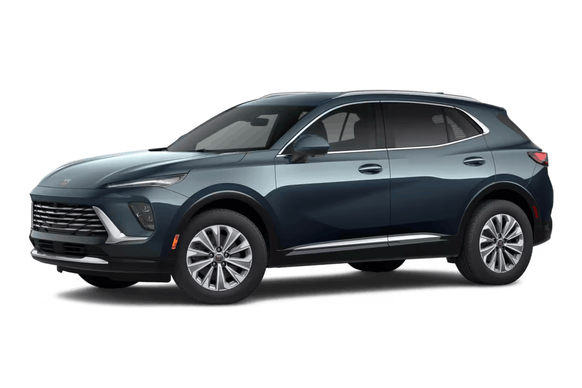 Dark blue Buick Envision SUV, front three-quarter view.