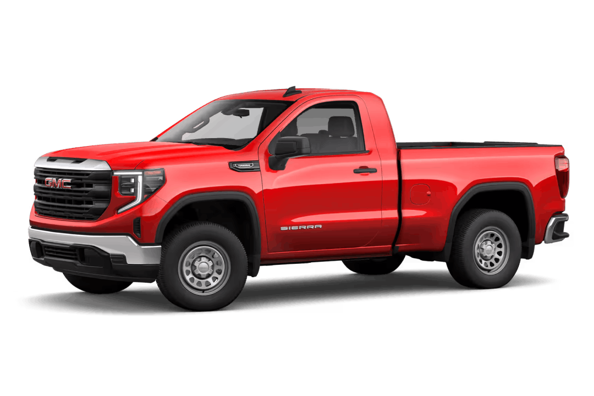 Red GMC Sierra 1500 pickup truck, front three-quarter view.