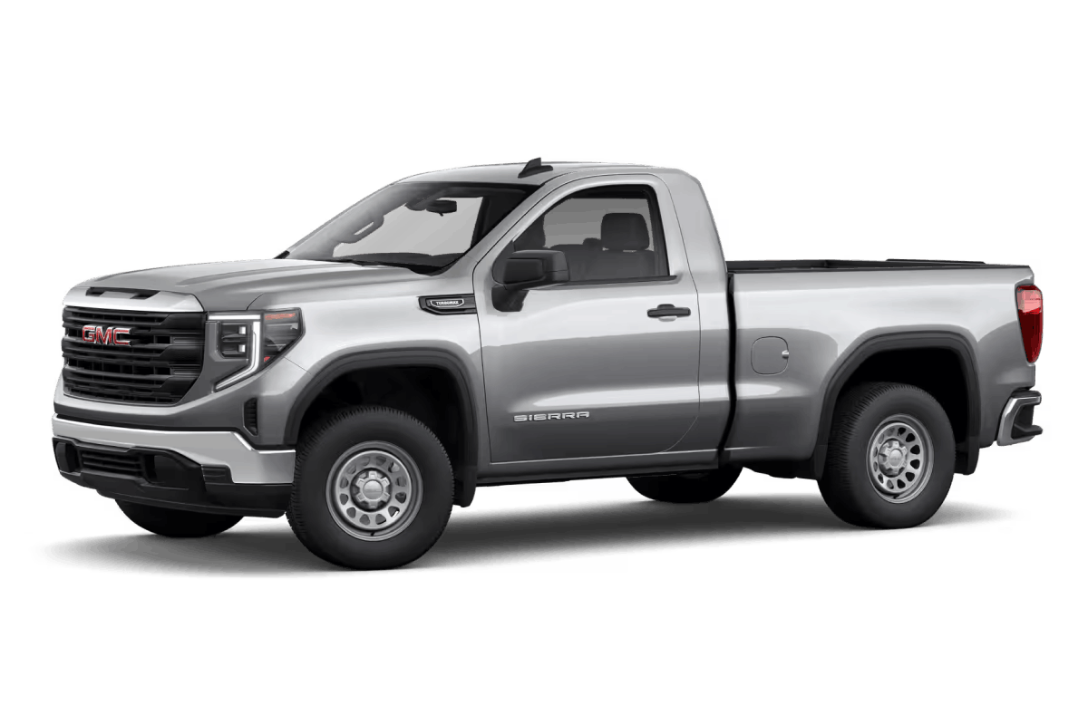 Silver GMC Sierra 1500 pickup truck, front three-quarter view.