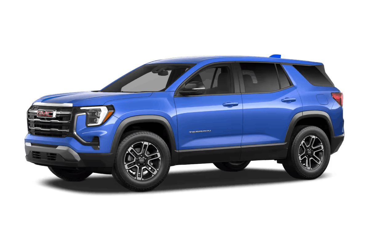 Blue GMC Terrain SUV, front three-quarter view.