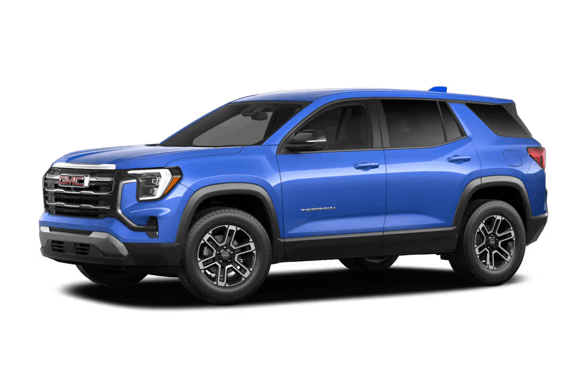 Blue GMC Terrain SUV, front three-quarter view.