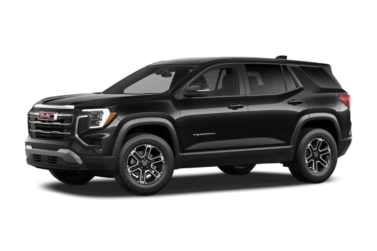 Black GMC Terrain SUV, front three-quarter view.